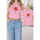 Vodexa Anne Kız Çocuk Kombin Oversize Tişört – Anne Çocuk Twin T-Shirt Kalpli Ayıcık Baskılı - 3 - 4 Yaş - Pembe