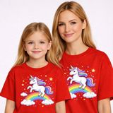 Vodexa Anne Kız Çocuk Kombin Oversize Tişört – Anne Çocuk Twin T-Shirt Unicorn Baskılı - 11 - 12 Yaş - Kırmızı