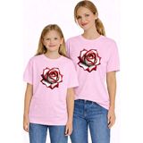 Vodexa Anne Kız Çocuk Kombin Oversize Tişört Twin T-Shirt Beyaz Gül Baskılı - 11 - 12 Yaş - Pembe