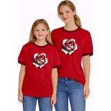 Vodexa Anne Kız Çocuk Kombin Oversize Tişört Twin T-Shirt Beyaz Gül Baskılı - 13 - 14 Yaş - Kırmızı
