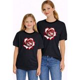 Vodexa Anne Kız Çocuk Kombin Oversize Tişört Twin T-Shirt Beyaz Gül Baskılı - 5 - 6 Yaş - Siyah