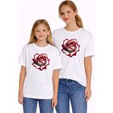 Vodexa Anne Kız Çocuk Kombin Oversize Tişört Twin T-Shirt Beyaz Gül Baskılı - 5 - 6 Yaş