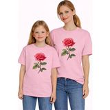 Vodexa Anne Kız Çocuk Kombin Oversize Tişört Twin T-Shirt Kırmızı Gül Baskılı - 7 - 8 Yaş - Pembe