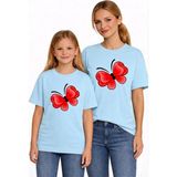 Vodexa Anne Kız Çocuk Kombin Oversize Tişört Twin T-Shirt Kırmızı Kelebek Baskılı - 11 - 12 Yaş - Mavi