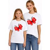 Vodexa Anne Kız Çocuk Kombin Oversize Tişört Twin T-Shirt Kırmızı Kelebek Baskılı - 5 - 6 Yaş - Beyaz