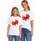Vodexa Anne Kız Çocuk Kombin Oversize Tişört Twin T-Shirt Kırmızı Kelebek Baskılı - 7 - 8 Yaş - Beyaz