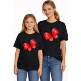 Vodexa Anne Kız Çocuk Kombin Oversize Tişört Twin T-Shirt Kırmızı Kelebek Baskılı - 9 - 10 Yaş - Siyah