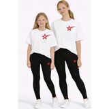 Vodexa Anne Kız Çocuk Kombin Oversize Tişört Twin T-Shirt Kuyruklu Yıldız Baskılı - 5 - 6 Yaş - Beyaz