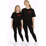 Vodexa Anne Kız Çocuk Kombin Oversize Tişört Twin T-Shirt Kuyruklu Yıldız Baskılı - 9 - 10 Yaş - Siyah