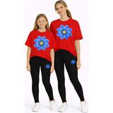 Vodexa Anne Kız Çocuk Kombin Oversize Tişört Twin T-Shirt Mavi Sarı Çiçek Baskılı - 11 - 12 Yaş - Kırmızı
