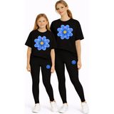 Vodexa Anne Kız Çocuk Kombin Oversize Tişört Twin T-Shirt Mavi Sarı Çiçek Baskılı - 11 - 12 Yaş - Siyah