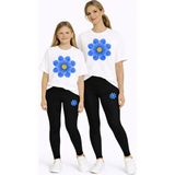 Vodexa Anne Kız Çocuk Kombin Oversize Tişört Twin T-Shirt Mavi Sarı Çiçek Baskılı - 5 - 6 Yaş - Beyaz