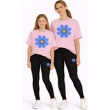 Vodexa Anne Kız Çocuk Kombin Oversize Tişört Twin T-Shirt Mavi Sarı Çiçek Baskılı - 7 - 8 Yaş - Pembe