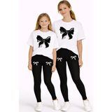 Vodexa Anne Kız Çocuk Kombin Oversize Tişört Twin T-Shirt Siyah Kurdela Baskılı - 13 - 14 Yaş - Beyaz