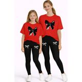 Vodexa Anne Kız Çocuk Kombin Oversize Tişört Twin T-Shirt Siyah Kurdela Baskılı - 7 - 8 Yaş - Kırmızı