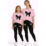 Vodexa Anne Kız Çocuk Kombin Oversize Tişört Twin T-Shirt Siyah Kurdela Baskılı - 9 - 10 Yaş - Pembe