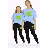Vodexa Anne Kız Çocuk Kombin Oversize Tişört Twin T-Shirt Yeşil Boya Baskılı - 13 - 14 Yaş - Mavi