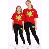 Vodexa Anne Kız Çocuk Kombin Oversize Tişört Twin T-Shirt Yeşil Boya Baskılı - 7 - 8 Yaş - Kırmızı