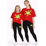 Vodexa Anne Kız Çocuk Kombin Oversize Tişört Twin T-Shirt Yeşil Boya Baskılı - 9 - 10 Yaş - Kırmızı