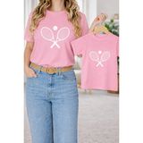 Vodexa Anne Kız Kombin Oversize Raket Baskılı Tişört Twin T-Shirt %100 Pamuk Rahat Kalıp - 3 - 4 Yaş - Pembe
