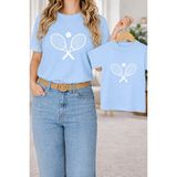 Vodexa Anne Kız Kombin Oversize Raket Baskılı Tişört Twin T-Shirt %100 Pamuk Rahat Kalıp - 9 - 10 Yaş - Mavi