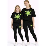 Vodexa Anne Kız Tayt Takım Çocuk Kombin Oversize Tişört Twin T-Shirt Yeşil Boya Baskılı - 7 - 8 Yaş - Siyah