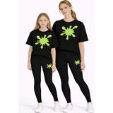 Vodexa Anne Kız Tayt Takım Çocuk Kombin Oversize Tişört Twin T-Shirt Yeşil Boya Baskılı - 9 - 10 Yaş - Siyah