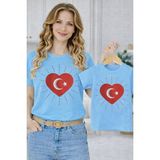 Vodexa Anne Ünisex Çocuk Kombin Oversize Tişört Twin T-Shirt Kalpli Bayrak Baskılı - 7 - 8 Yaş - Mavi