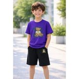 Vodexa Erkek-Kız Çocuk Tişört Şort Takım %100 Pamuk Yazlık Rahat Kalıp Baskılı T-Shirt Çocuk Kombin - 11 - 12 Yaş - Mor