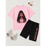 Vodexa Erkek-Kız Çocuk Tişört Şort Takım %100 Pamuk Yazlık Rahat Kalıp Baskılı T-Shirt Çocuk Kombin - 13 - 14 Yaş - Pembe