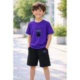 Vodexa Erkek-Kız Çocuk Tişört Şort Takım %100 Pamuk Yazlık Rahat Kalıp Baskılı T-Shirt Çocuk Kombin - 5 - 6 Yaş - Mor