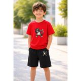 Vodexa Erkek-Kız Çocuk Tişört Şort Takım %100 Pamuk Yazlık Rahat Kalıp Baskılı T-Shirt Çocuk Kombin - 7 - 8 Yaş - Kırmızı