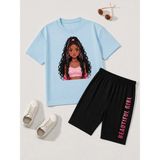 Vodexa Erkek-Kız Çocuk Tişört Şort Takım %100 Pamuk Yazlık Rahat Kalıp Baskılı T-Shirt Çocuk Kombin - 7 - 8 Yaş - Mavi