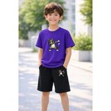 Vodexa Erkek-Kız Çocuk Tişört Şort Takım %100 Pamuk Yazlık Rahat Kalıp Baskılı T-Shirt Çocuk Kombin - 7 - 8 Yaş - Mor