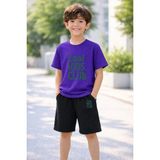 Vodexa Erkek-Kız Çocuk Tişört Şort Takım %100 Pamuk Yazlık Rahat Kalıp Baskılı T-Shirt Çocuk Kombin - 9 - 10 Yaş - Mor