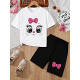 Vodexa Kız Çocuk Tişört ve Şort Takım %100 Pamuk Yazlık Rahat Kalıp Baskılı T-Shirt Çocuk Kombin - 11 - 12 Yaş - Beyaz