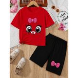 Vodexa Kız Çocuk Tişört ve Şort Takım %100 Pamuk Yazlık Rahat Kalıp Baskılı T-Shirt Çocuk Kombin - 5 - 6 Yaş - Kırmızı
