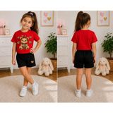 Vodexa Kız Çocuk Tişört ve Şort Takım %100 Pamuk Yazlık Rahat Kalıp Baskılı T-Shirt Çocuk Kombin - 7 - 8 Yaş - Kırmızı