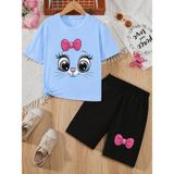 Vodexa Kız Çocuk Tişört ve Şort Takım %100 Pamuk Yazlık Rahat Kalıp Baskılı T-Shirt Çocuk Kombin - 7 - 8 Yaş - Mavi