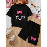 Vodexa Kız Çocuk Tişört ve Şort Takım %100 Pamuk Yazlık Rahat Kalıp Baskılı T-Shirt Çocuk Kombin - 7 - 8 Yaş - Siyah