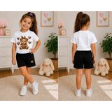 Vodexa Kız Çocuk Tişört ve Şort Takım %100 Pamuk Yazlık Rahat Kalıp Baskılı T-Shirt Çocuk Kombin - 9 - 10 Yaş - Beyaz