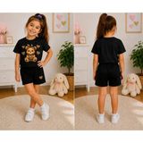 Vodexa Kız Çocuk Tişört ve Şort Takım %100 Pamuk Yazlık Rahat Kalıp Baskılı T-Shirt Çocuk Kombin - 9 - 10 Yaş - Siyah