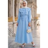 Volan Yaka Düğmeli Beli Lastikli Kuşaklı Elbise HNT03151 Bebe Mavisi - 42 - Bebe Mavisi