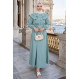 Volan Yaka Düğmeli Beli Lastikli Kuşaklı Elbise HNT03151 Mint Yeşili - 42