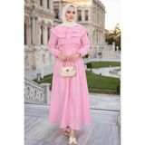 Volan Yaka Düğmeli Beli Lastikli Kuşaklı Elbise HNT03151 Pembe - 44