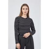 Volanlı Beyaz Çizgili Siyah Sweatshirt