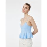 Volanlı V Yaka Pamuklu Askılı Slim Fit Dikiş Detaylı Crop Bluz