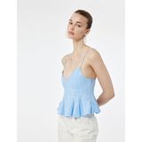 Volanlı V Yaka Pamuklu Askılı Slim Fit Dikiş Detaylı Crop Korse Bluz
