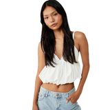 Volanlı V Yaka Pamuklu Slim Fit Askılı Poplin Crop Bluz