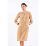 Volanlı Yarım Kol Keten Elbise - Camel